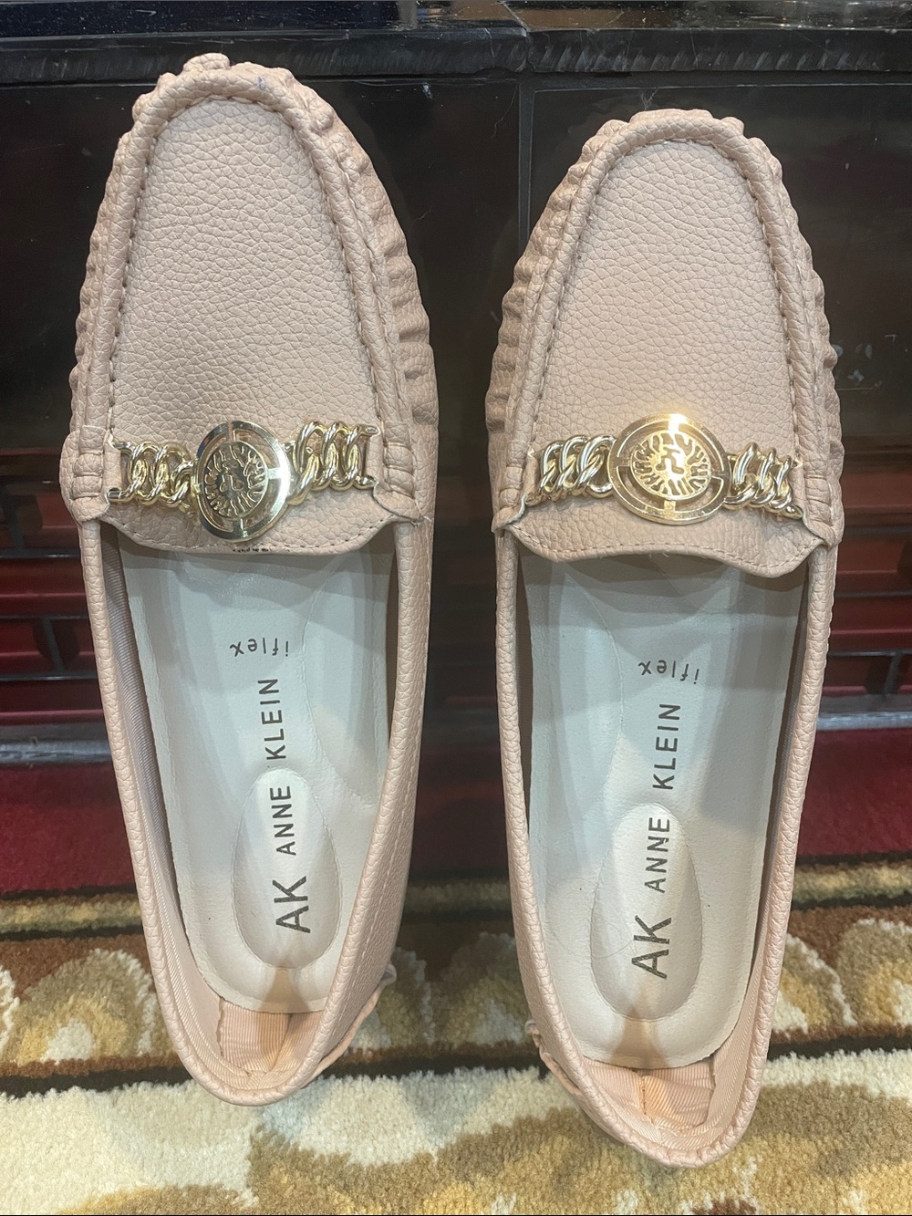 Anne Klein Women's Blush Pink Moccasin Loafers with Gold Emblem